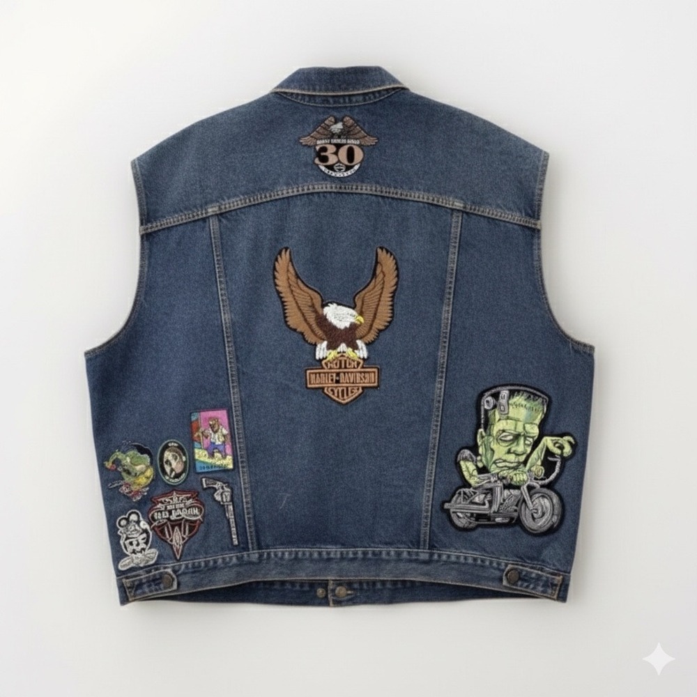 Levi Strauss Signature Mens 4XL Blue Denim Biker Vest Harley Davidson Patches